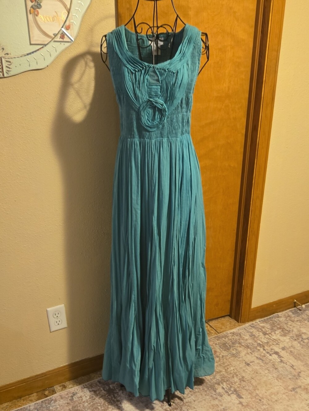 Soft Surroundings Delphine Crinkled Smock Teal Sleeveless Maxi Dress